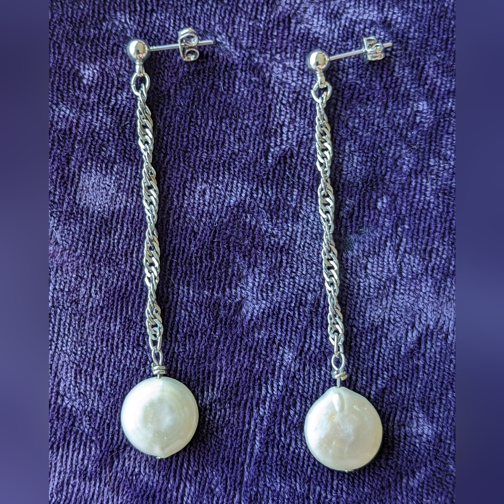 Classic Silver Drop Dangle Earrings With Natural Coin Pearls